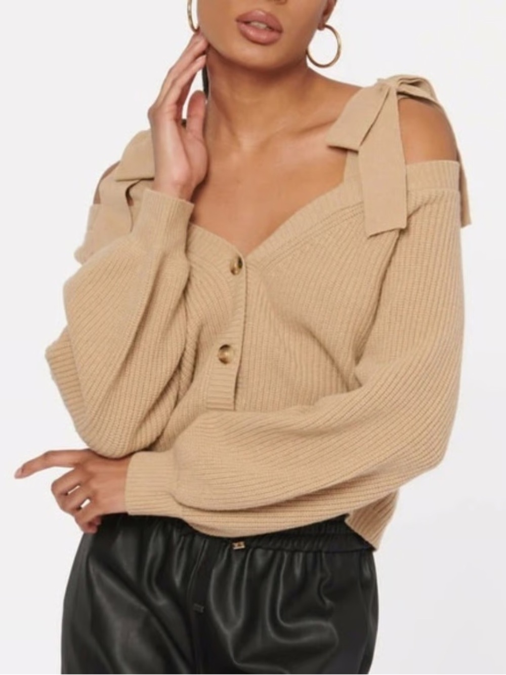 CAMI NYC Loe Fine Merino Wool Chunky Tan Bow Cold Shoulder Cardigan Sweater Sz L